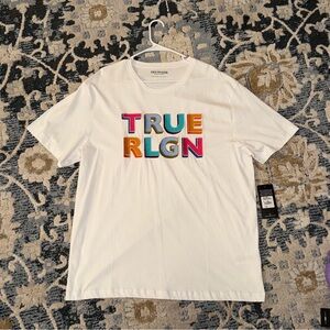 True Religion White Tee with Multicolor Embroidered TRUE RLGN Logo